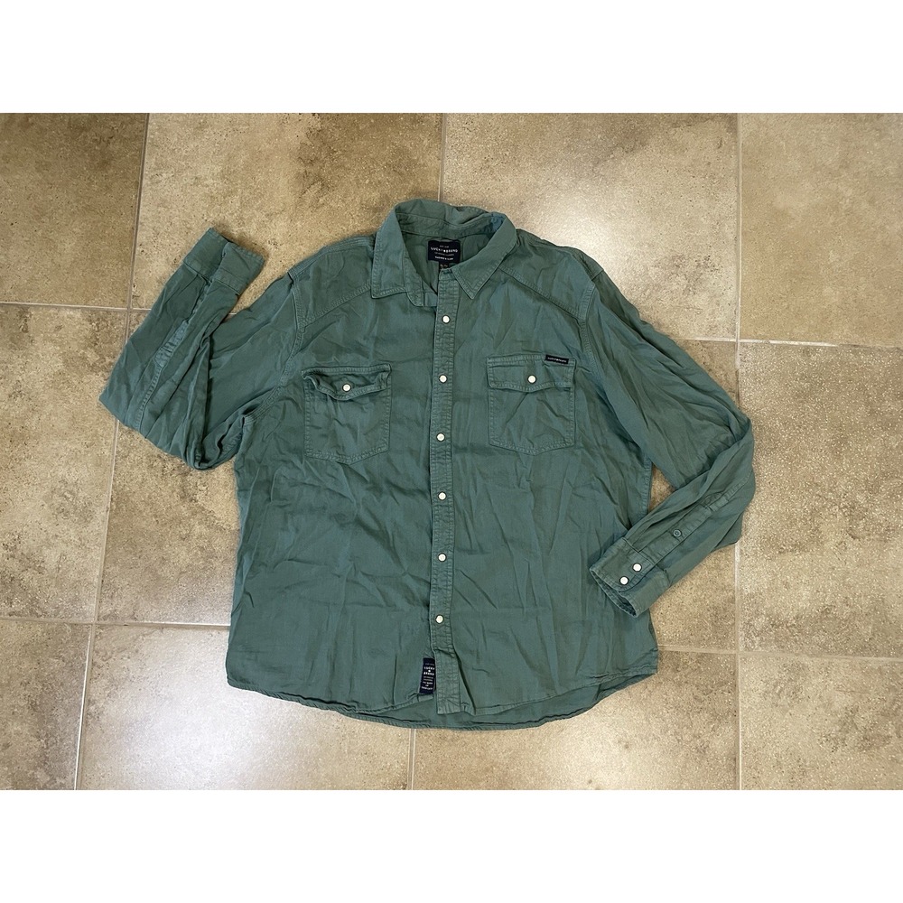 Lucky Brand Shirt Mens Sz XL Green Pearl Snap Western Long Sleeve Washed Casual